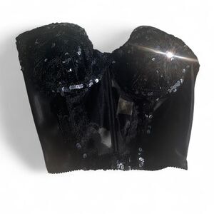 Vtg VS Gold Label 34C Black sequin bustier corset w/ lace lined mesh panel